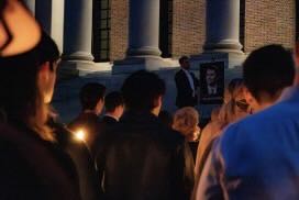 Harvard law school students  hold vigil for Charlie Kirk on Widener Library steps