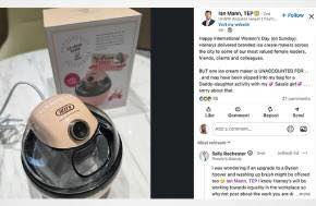 Roll on Friday WTF Story of the week..... "Law firm Harneys marks International Women’s Day by sending female clients a kitchen appliance" with personal message from MP Ian Mann!
